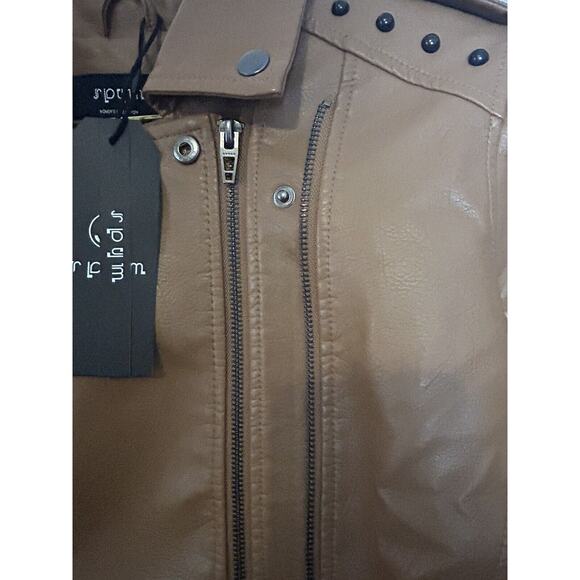 S P Y M Women's Jacket Faux Motorcycle Biker Coat Brown Large - Picture 5 of 14